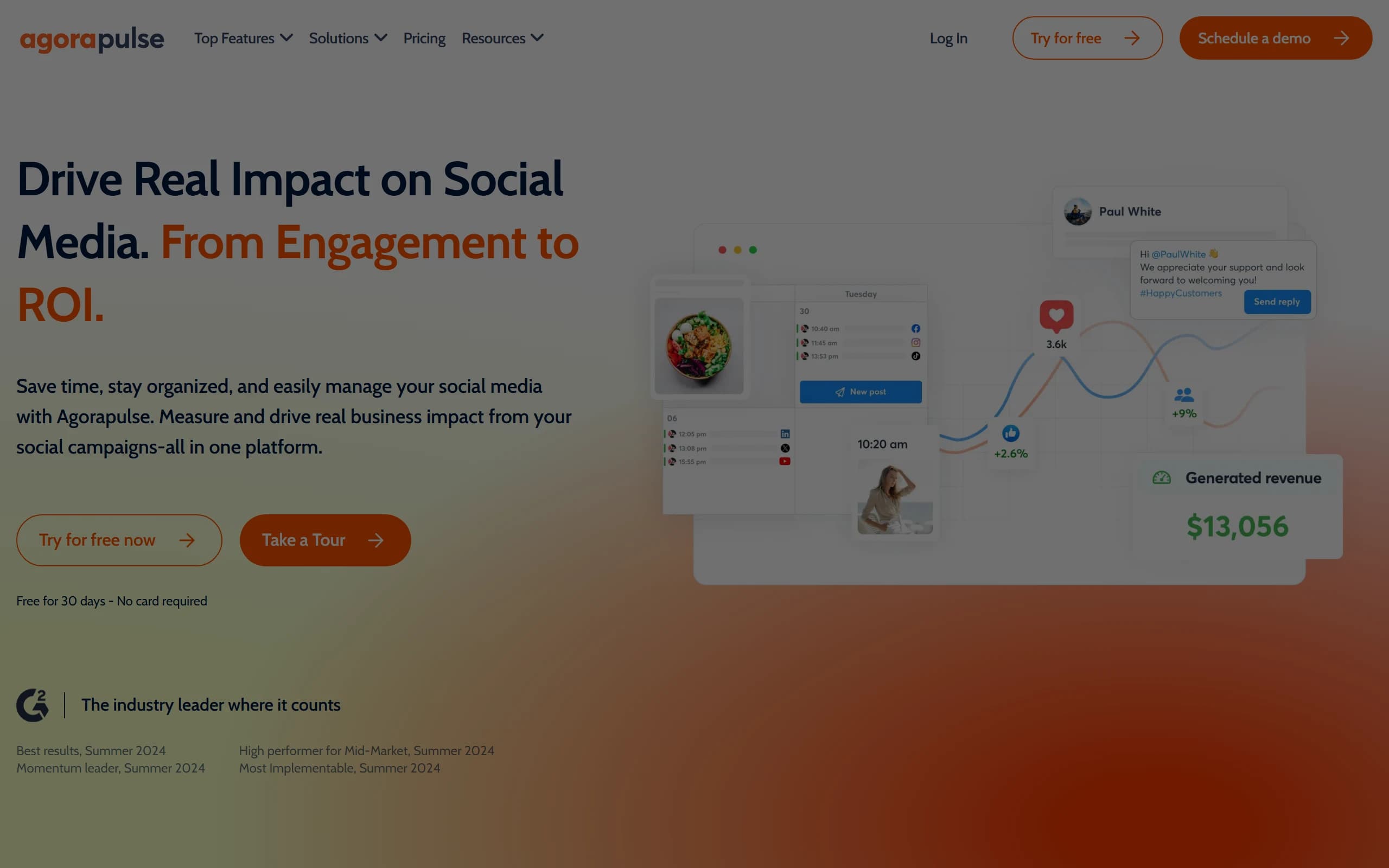 Agorapulse's homepage, headlined Drive Real Impact on Social Media, From Engagement to ROI, with a free for 30 days note under the buttons.