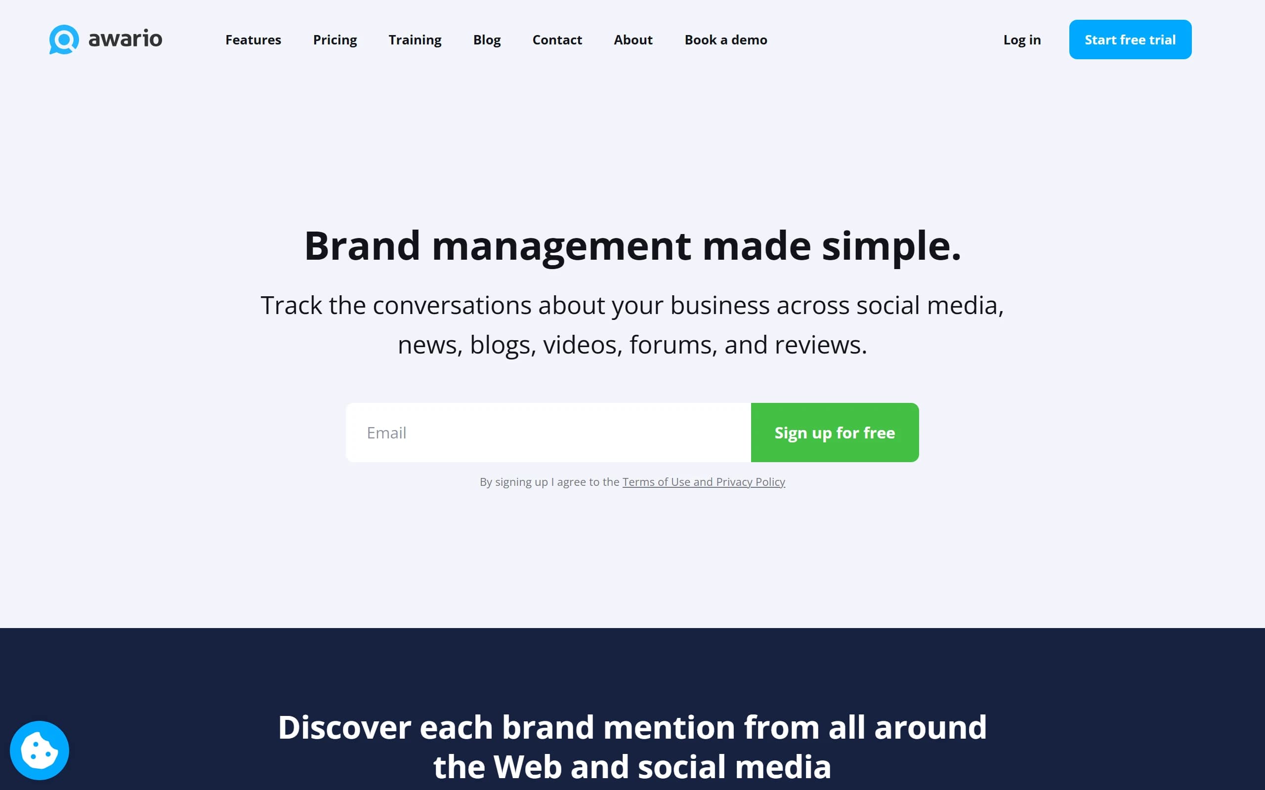 Awario's homepage, headlined Brand management made simple, with an email field and a sign up for free button.