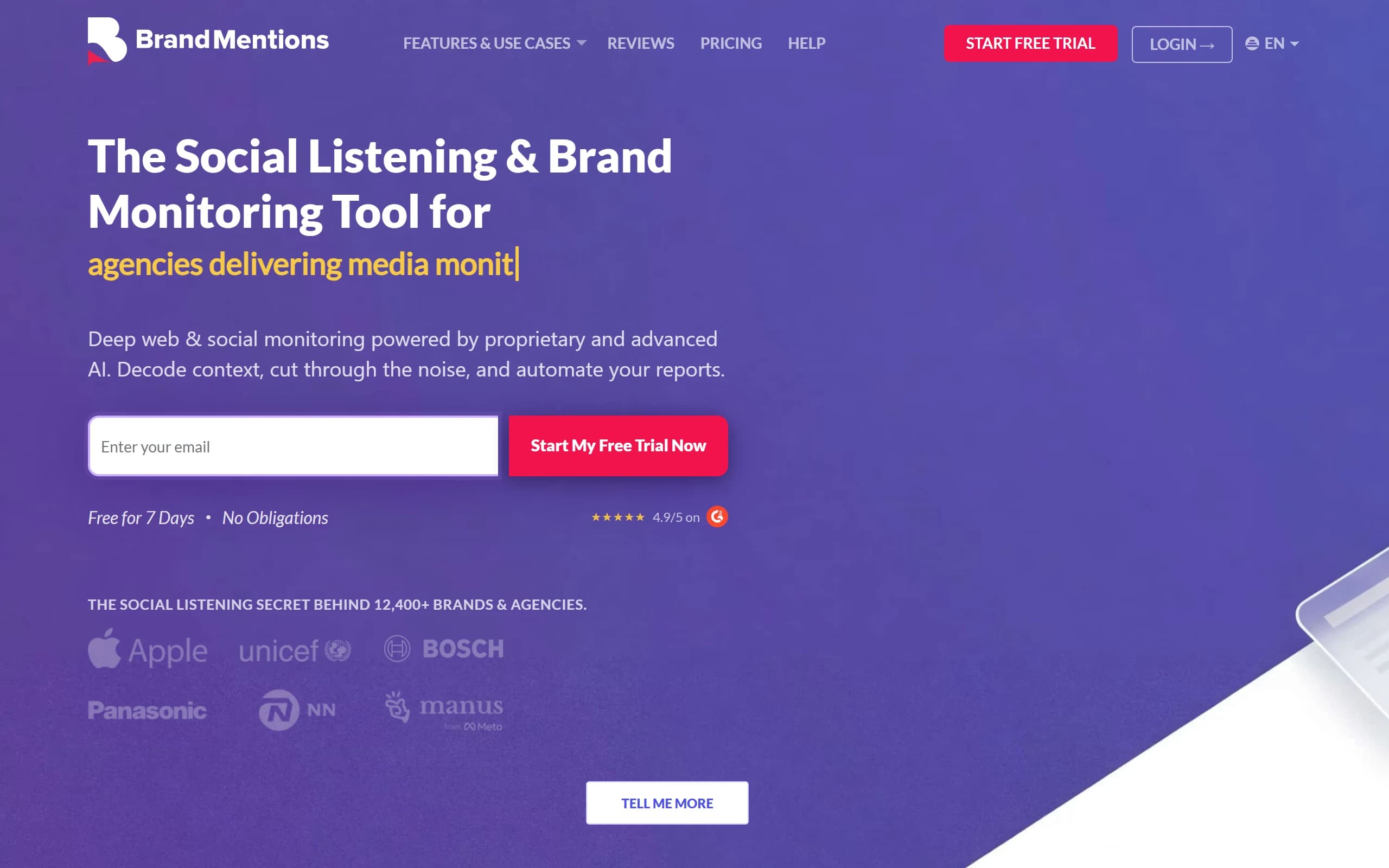 BrandMentions' homepage, headlined The Social Listening and Brand Monitoring Tool for agencies delivering media, with an email field and a seven-day trial.
