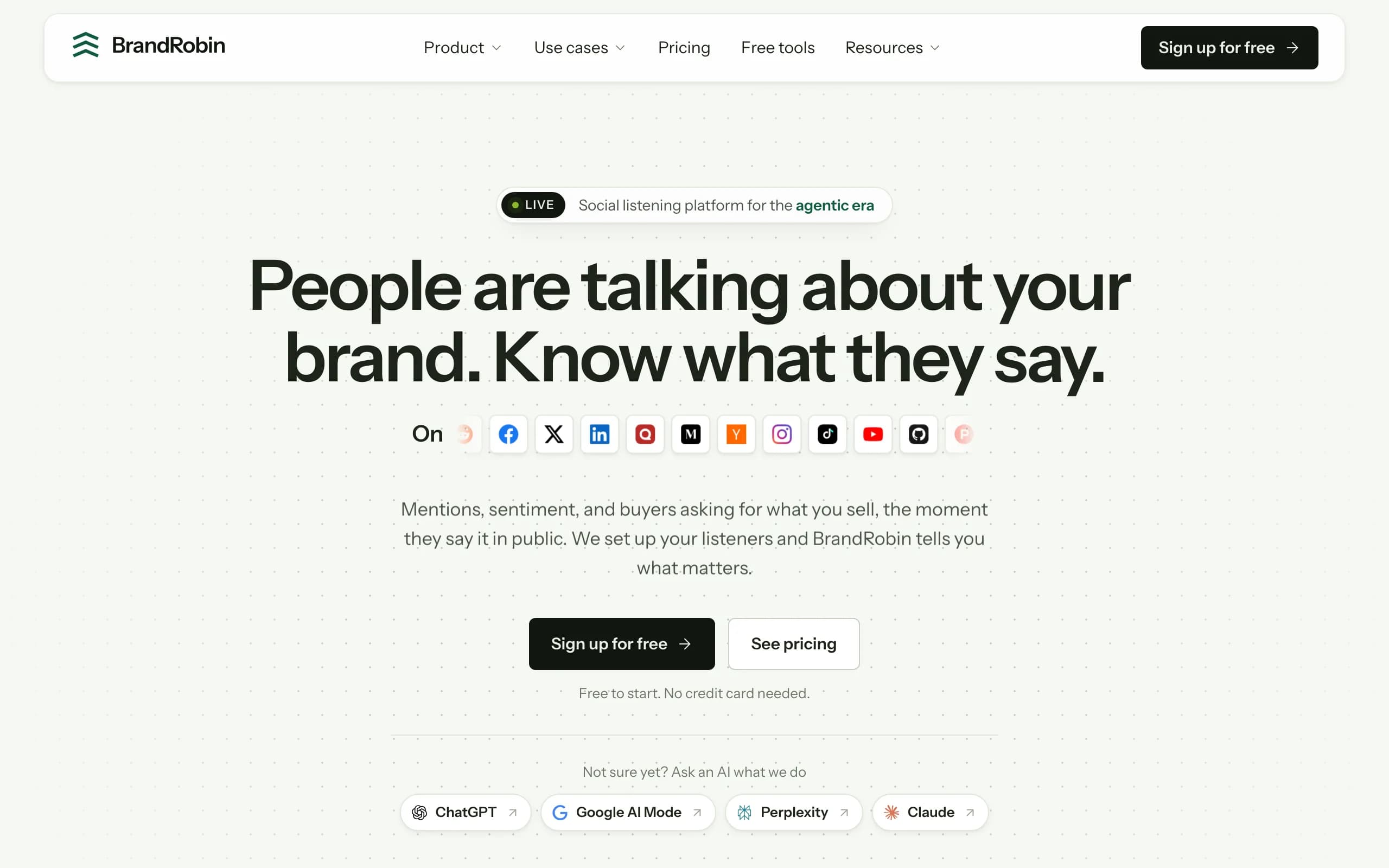 BrandRobin's homepage, headlined People are talking about your brand, know what they say, with a row of channel marks and a join waitlist button.