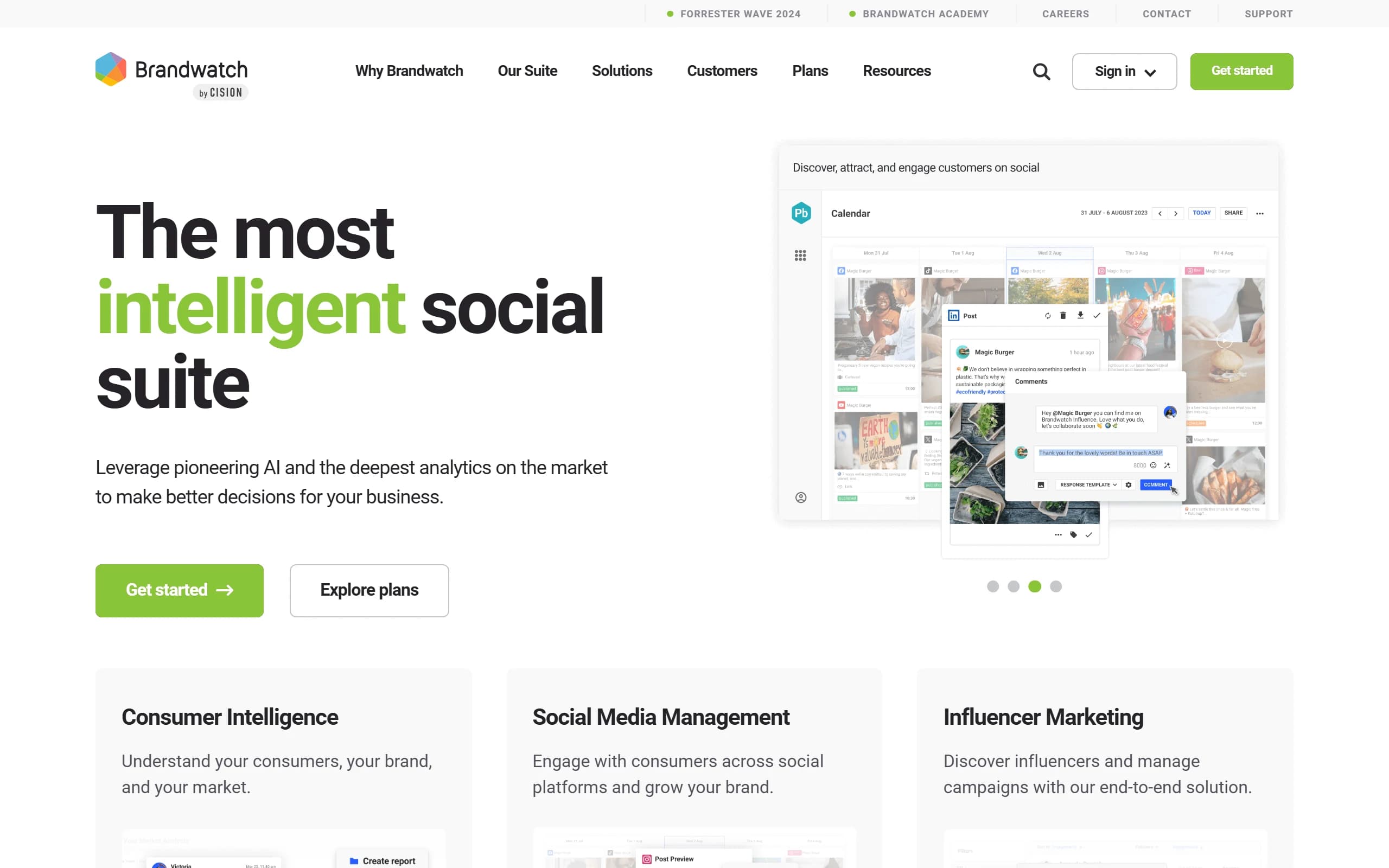 Brandwatch's homepage, headlined The most intelligent social suite, beside a product screen showing 8.9 million total mentions.