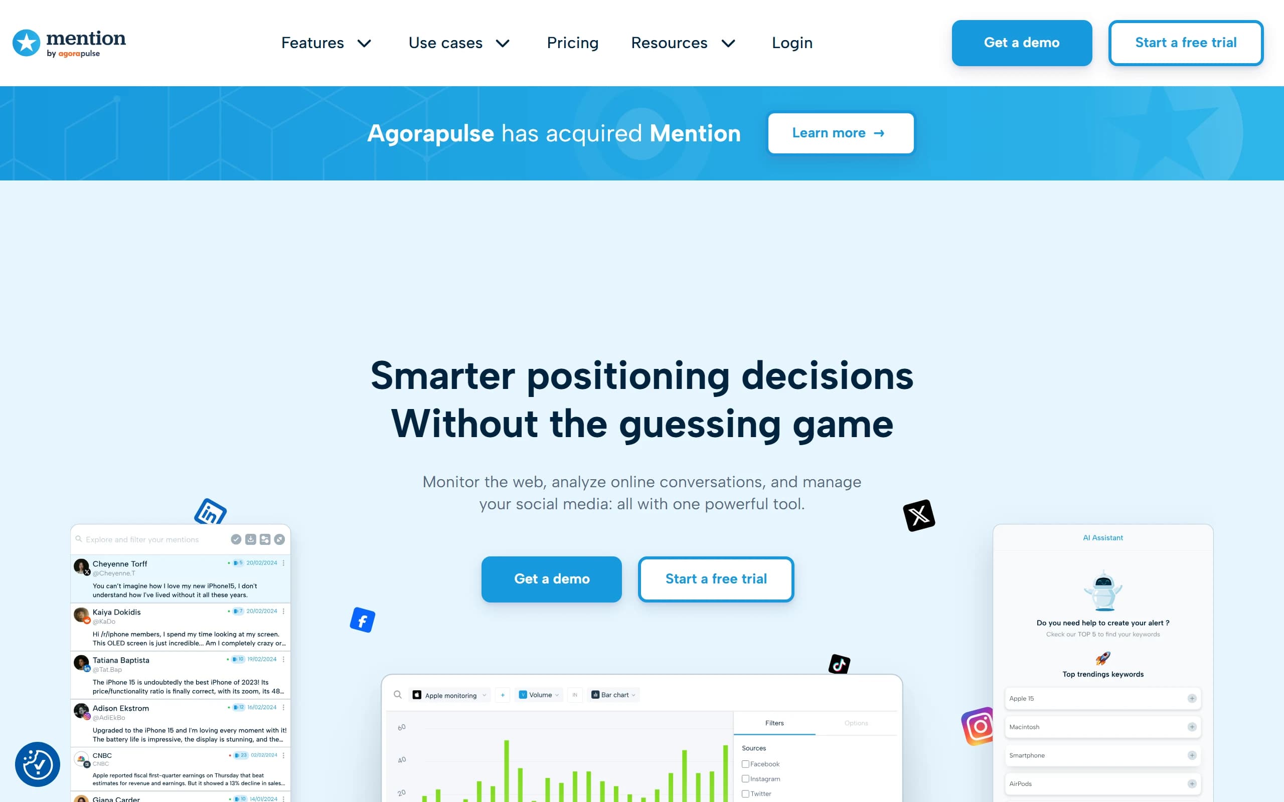 Mention's homepage, headlined Smarter positioning decisions without the guessing game, under a banner reading Agorapulse has acquired Mention.