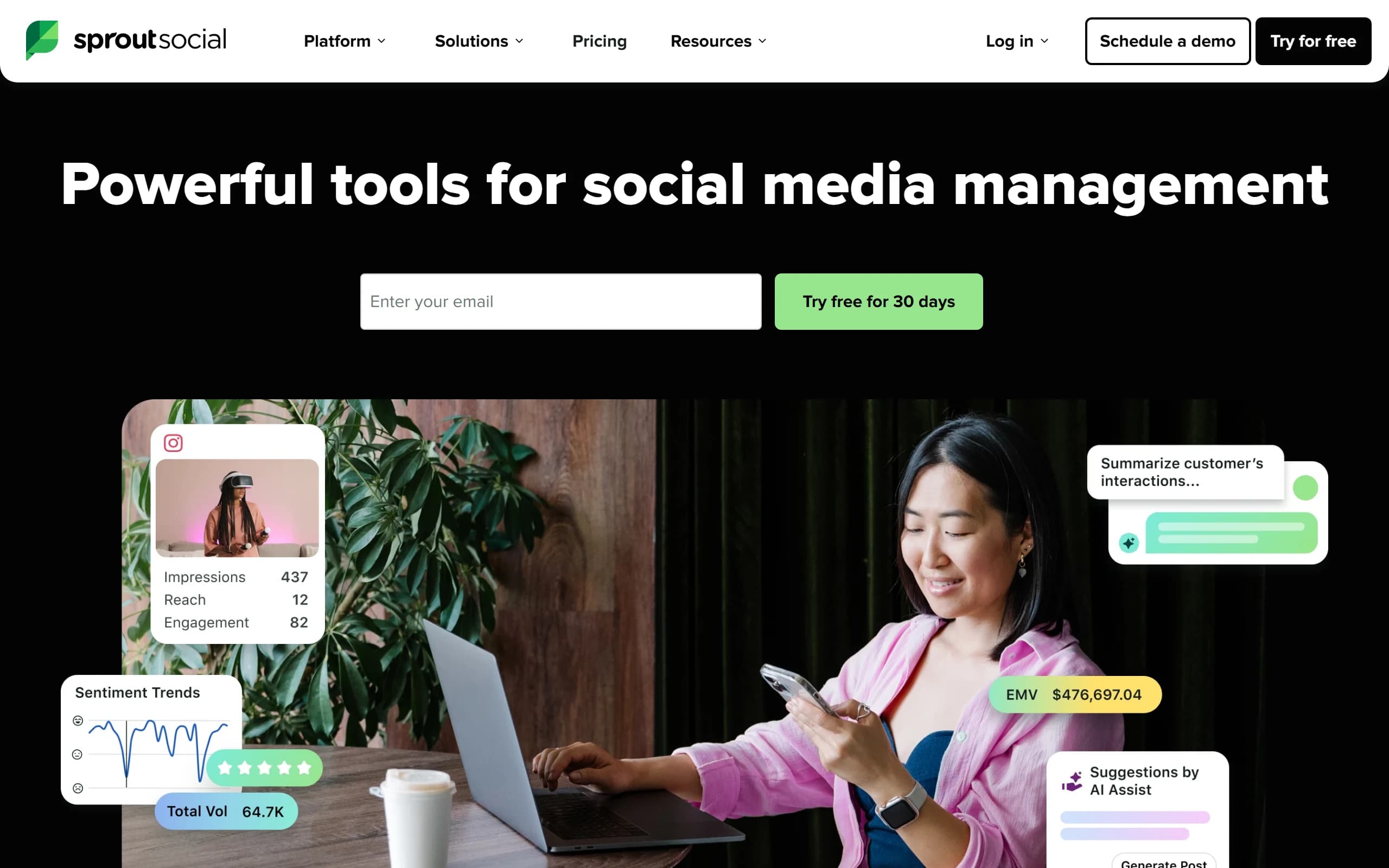 Sprout Social's homepage, headlined Powerful tools for social media management, with an email field and a try free for 30 days button.