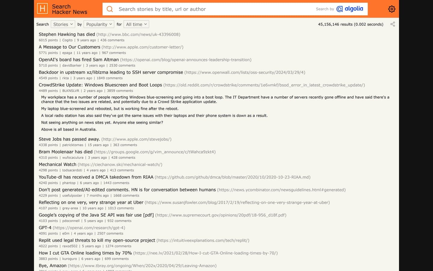 Hacker News Search, powered by Algolia