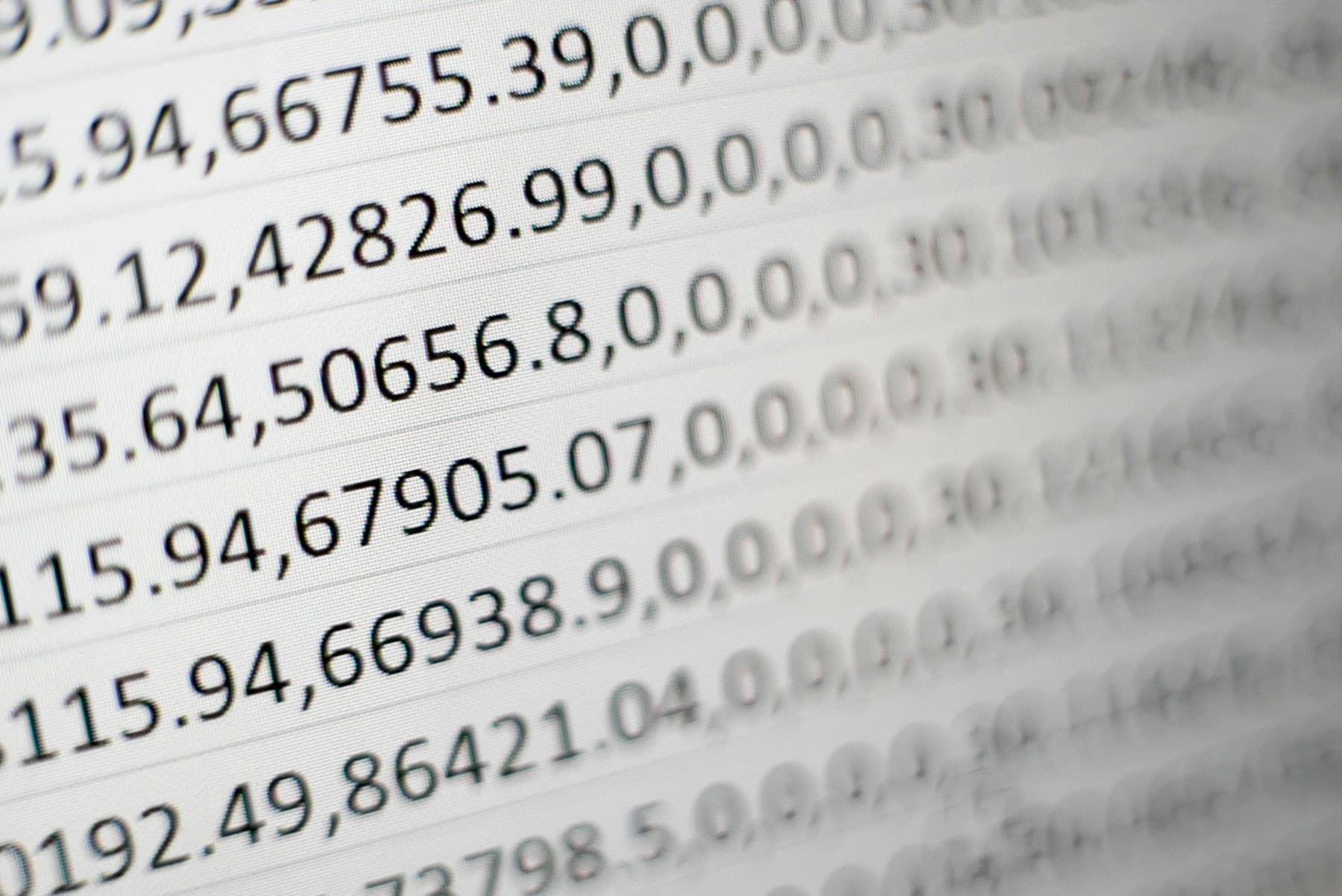 Rows of figures on a printed spreadsheet, most of them out of focus